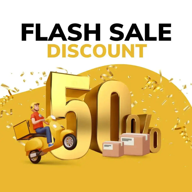 a man on a scooter with the words flash sale discount 50 % off