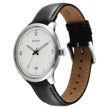 a white and black watch on a black leather strap
