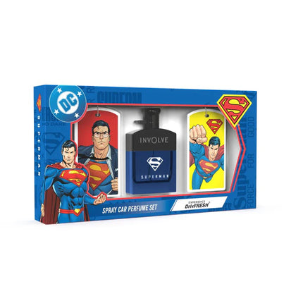 Compact packaging of the DC Comics Car Perfume Spray - 50ml with an aesthetic hanging freshener, enhancing the experience of a DC Comics car air freshener.