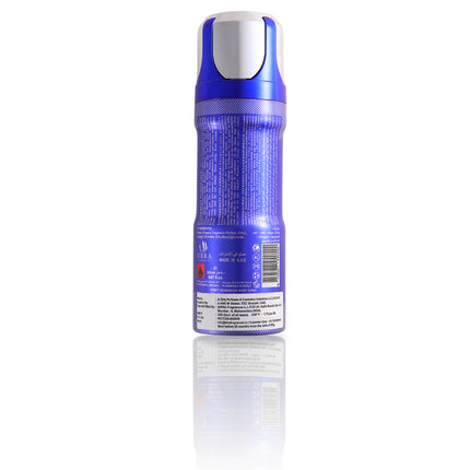 Back view of Verdict Deo, a 200ml premium deodorant by Birra, highlighting the detailed label with ingredients and product information in multiple languages on a blue background.