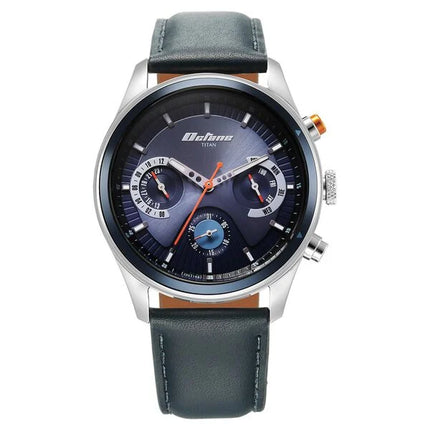 a watch with a blue dial and black leather strap