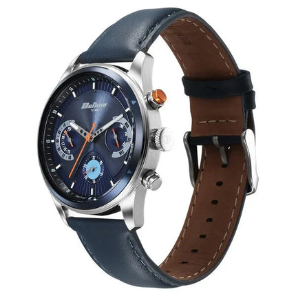 a blue watch with a brown leather strap