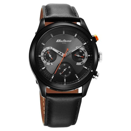 a black watch with orange hands on a white background