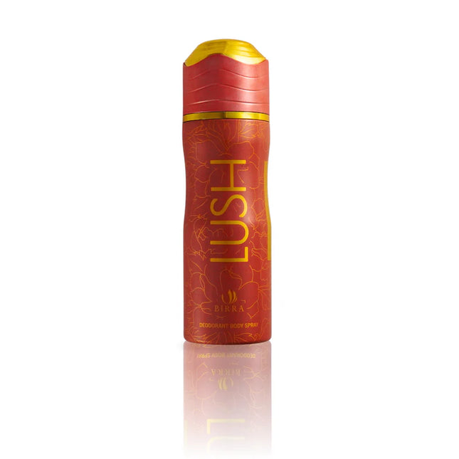 Lush Deodorant bottle by BIRRA featuring a vibrant red design with floral patterns and a yellow cap, showcasing a deodorant body spray.