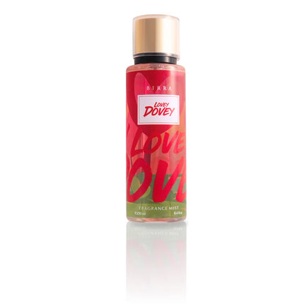 Lovey Dovey Body Mist by BIRRA shown in front view. The bottle features a vibrant design with shades of red and green, displaying the product name prominently. Ideal for enhancing your fragrance collection.