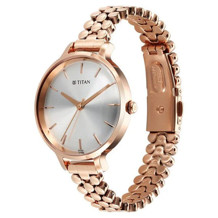 a women's watch with a rose gold bracelet