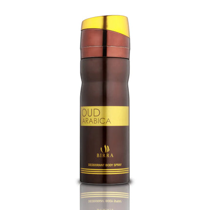 Oud Arabica Deodorant Body Spray by BIRRA, showcasing a sleek brown canister with a shiny gold and brown cap, labeled 'OUD ARABICA' prominently on the front.