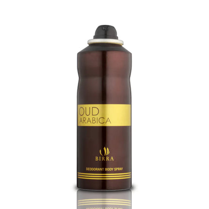 Close-up of the Oud Arabica Deodorant Body Spray by BIRRA, showing the front view of the dark brown spray can with a gold label and the top nozzle.