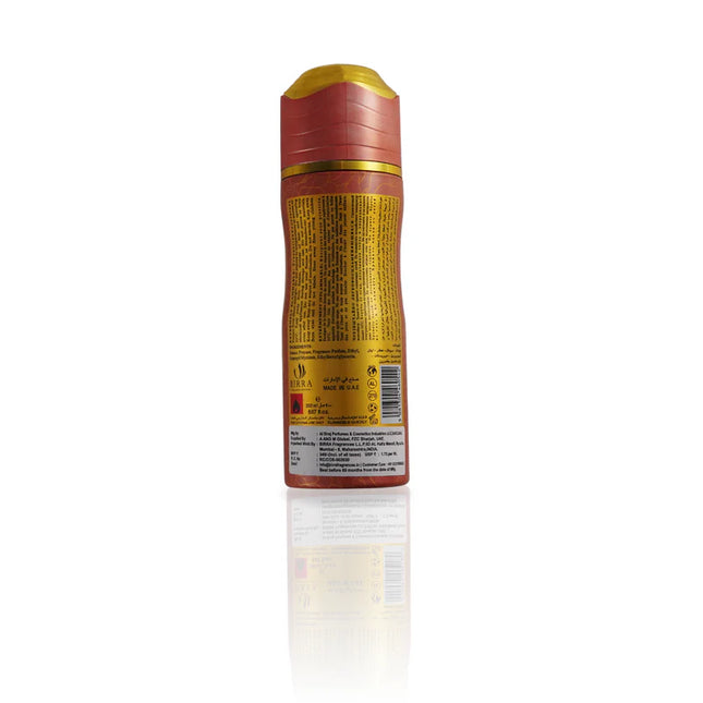 Back view of Lush Deodorant bottle by BIRRA, displaying product information and ingredients on a golden background, emphasizing the sleek design.