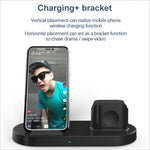 Black 3-in-1 wireless charging pad with vertical phone slot and horizontal apple watch holder for wireless charging