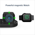 Black magnetic watch charger with sleek circular design and glowing blue indicator for wireless charging pad stand