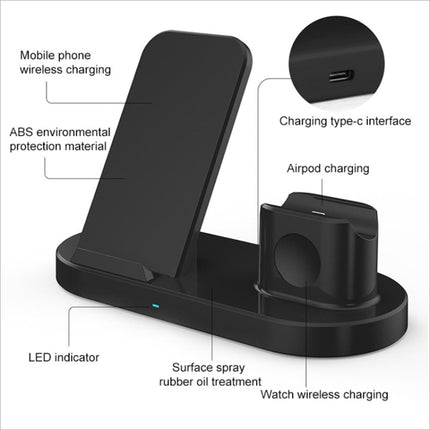 Black 3-in-1 15w wireless charging pad stand with dedicated slots for phone airpods and watch for wireless charging