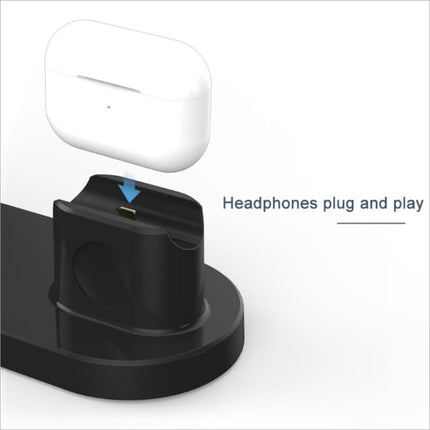 White apple airpods case resting on black 3-in-1 15w wireless charging pad stand for airpods phone watch