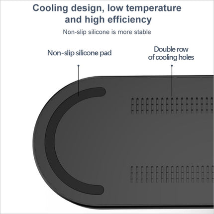 Black silicone 3-in-1 wireless charging pad with non-slip base and double rows of ventilation holes for wireless charging