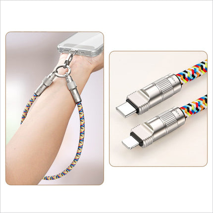Colorful braided 30cm cell phone wrist strap fast charging data cable with metallic connectors and type-c to l-port adapter