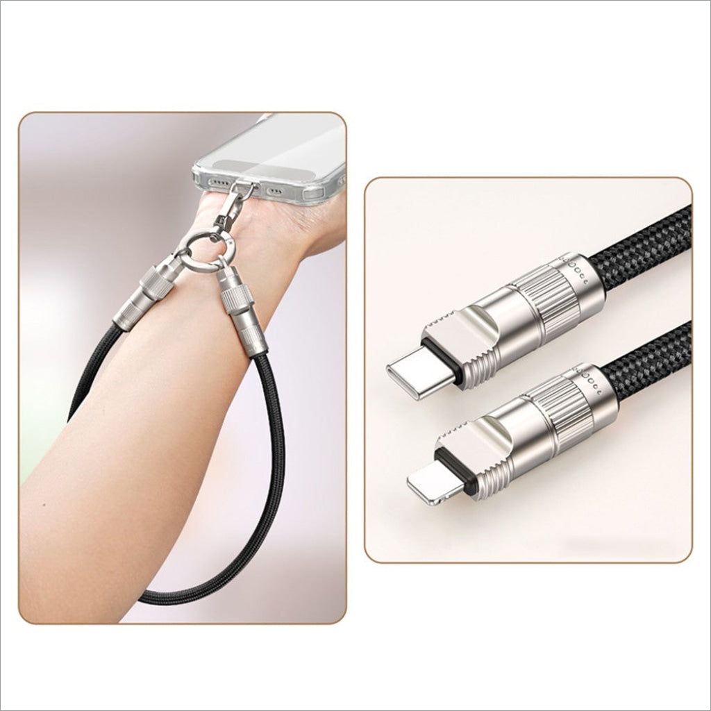 Black braided 30cm cell phone wrist strap with silver connectors and keychain attachment for fast charging and data transfer
