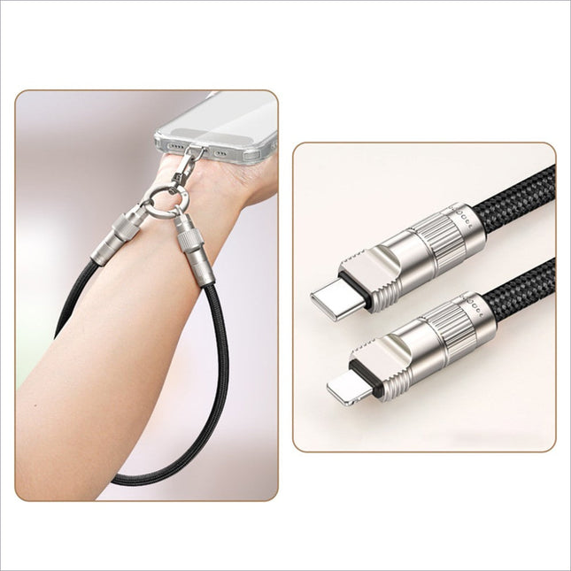 Black braided 30cm cell phone wrist strap with silver connectors and keychain attachment for fast charging and data transfer