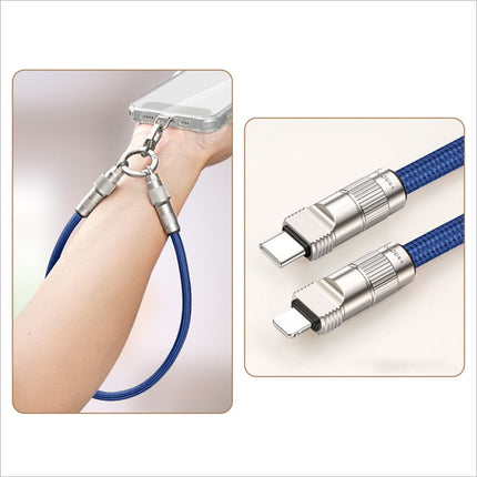 Blue braided cable with silver metallic connectors and a keyring attachment.