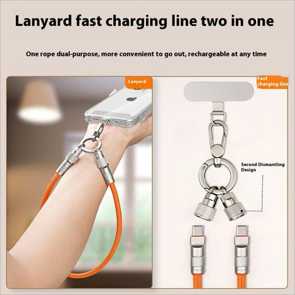 Orange braided 30cm cell phone wrist strap with metallic connectors and dual usb-c fast charging ends