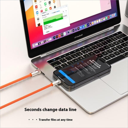 Orange 30cm cell phone wrist strap fast charging data cable with metallic usb-c to lightning connectors and l-port adapter