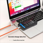 Orange 30cm cell phone wrist strap fast charging data cable with metallic usb-c to lightning connectors and l-port adapter