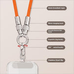 Orange braided rope 30cm cell phone wrist strap with metallic charging head and stainless steel clip for fast charging