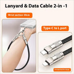 Black braided 30cm cell phone wrist strap fast charging data cable with type-c to lightning silver metallic connectors