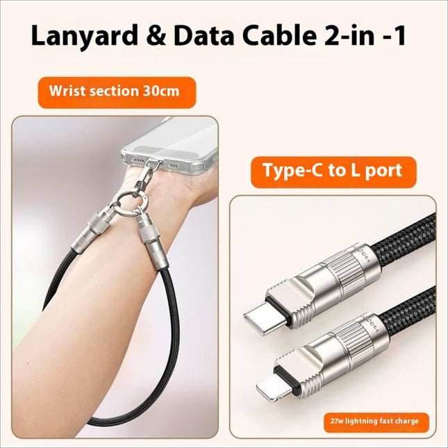 Black braided 30cm cell phone wrist strap fast charging data cable with type-c to lightning silver metallic connectors