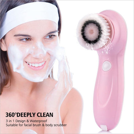 Pink 360 degree facial cleansing brush with soft white and black bristles two speed levels waterproof design