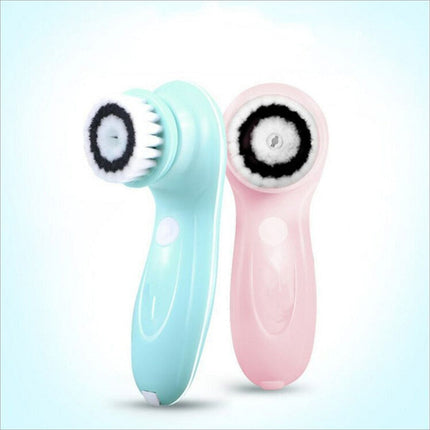 Two pastel mint green and pink 360 degree facial cleansing brushes with black and white bristles and two speed levels waterproof