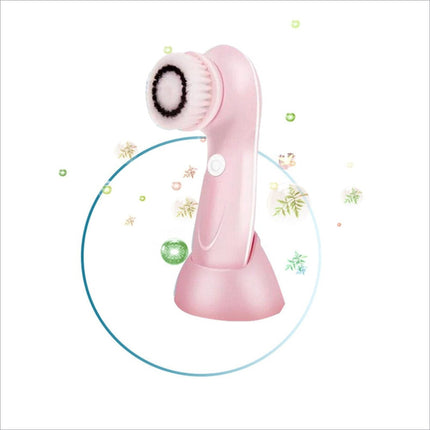 Pink 360 degree facial cleansing brush with soft bristles 2 speed levels waterproof design and 3 replacement heads
