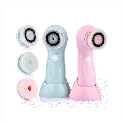 Pastel blue and pink 360 degree facial cleansing brush with soft bristles 2 speed levels waterproof and 3 interchangeable heads