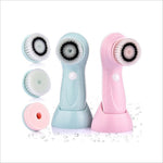 Pastel blue and pink 360 degree facial cleansing brush with soft bristles 2 speed levels waterproof and 3 interchangeable heads