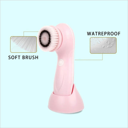 Pink 360 degree facial cleansing brush with soft bristles 2 speed levels waterproof design and 3 replacement heads