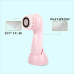 Pink 360 degree facial cleansing brush with soft bristles 2 speed levels waterproof design and 3 replacement heads