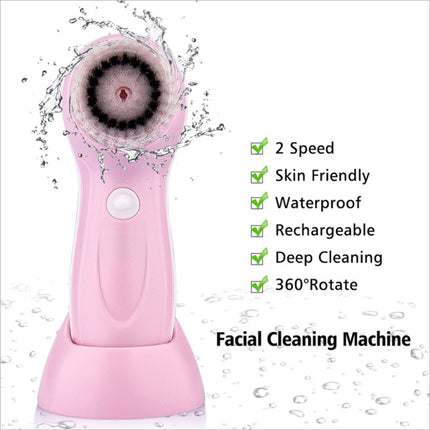 Pink 360 degree facial cleansing brush with soft black bristles white power button and 2 speed levels waterproof design