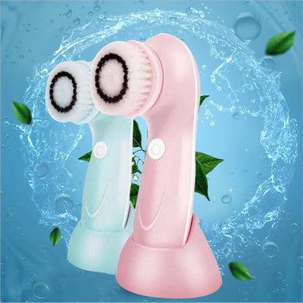 Pink and mint green 360 degree facial cleansing brush with soft bristles 2 speed levels waterproof and 3 replacement heads