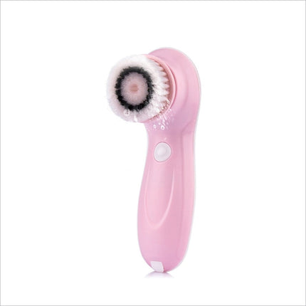 Pink 360 degree facial cleansing brush with soft white and black bristles two speed levels waterproof design