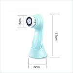 Light blue 360 degree facial cleansing brush with white and black bristles and two speed levels waterproof design