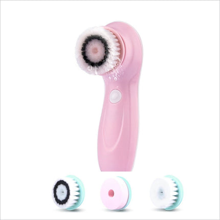 Pink 360 degree facial cleansing brush with three interchangeable heads and two speed levels waterproof design
