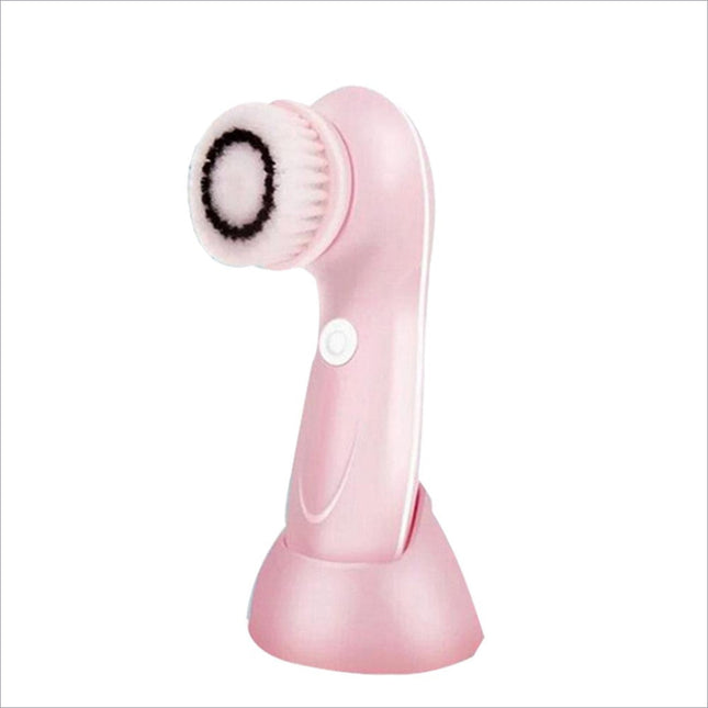 Pink 360 degree facial cleansing brush with white and black bristles 2 speed levels waterproof plastic body