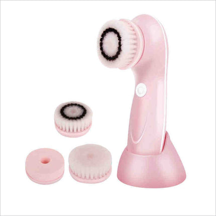 Pink 360 degree facial cleansing brush with soft bristles 2 speed levels waterproof design and 3 replacement heads