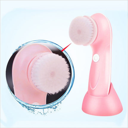 Pink 360 degree facial cleansing brush with soft bristles ergonomic handle two speed levels waterproof design