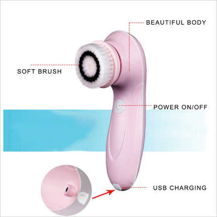 Pink 360 degree facial cleansing brush with soft white and black bristles and 2 speed levels waterproof design