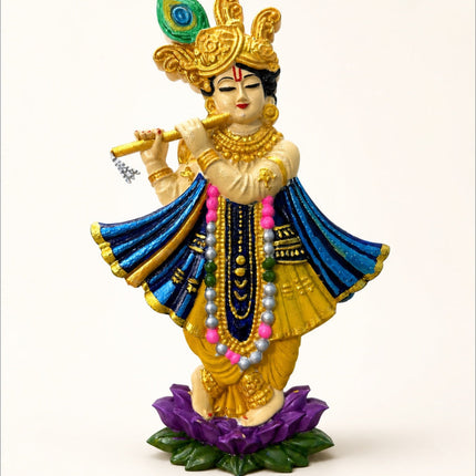3D Printed Lord Krishna Idol with Flute | Hand Painted Krishna Murti 24 cm