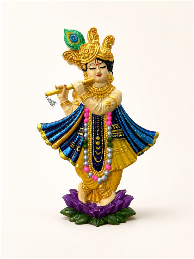 3D Printed Lord Krishna Idol with Flute | Hand Painted Krishna Murti 24 cm