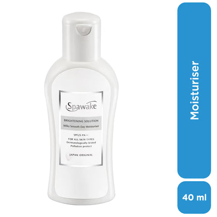 Infographic on benefits of Spawake Brightening Solution Milky Smooth Day Moisturiser including UV protection and hydration.