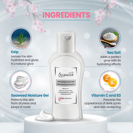 Ingredients of Spawake Brightening Solution Milky Smooth Day Moisturiser showcasing sea minerals and seaweed.