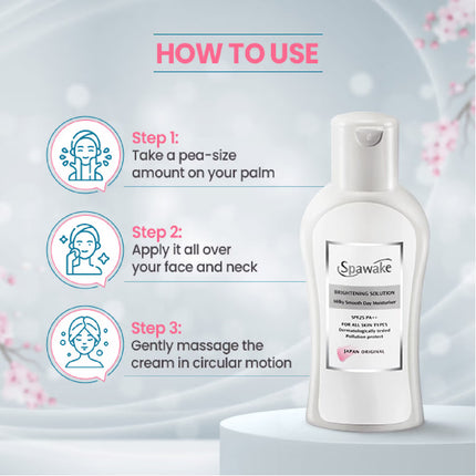 Spawake Brightening Solution Milky Smooth Day Moisturiser on display with its SPF 25 PA++ label visible.