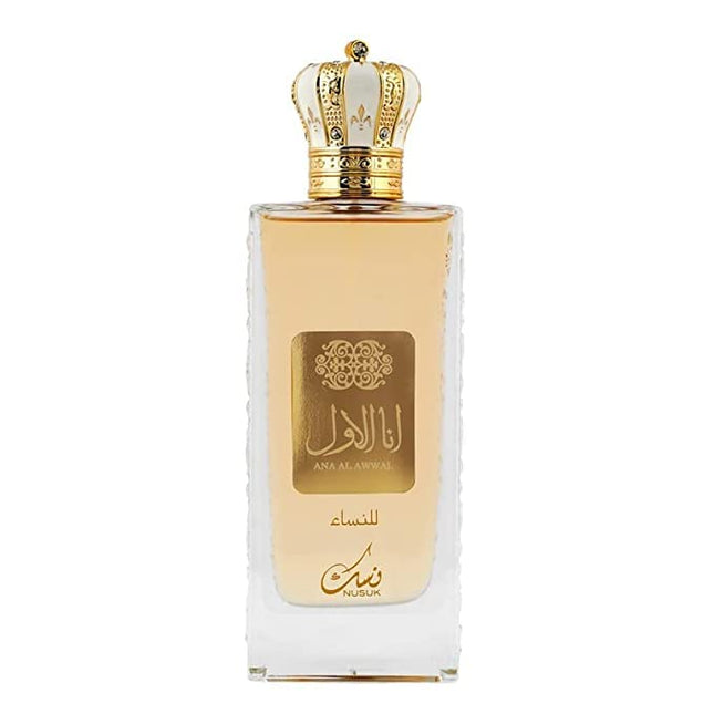 Elegant packaging of Nusuk Ana Al Awwal Gold Long Lasting 100ml Women Perfume, ideal for fruity floral musky fragrance lovers.